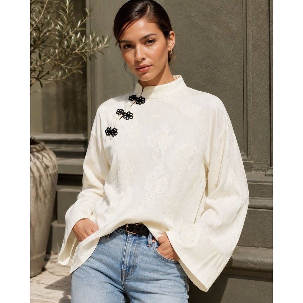 Zara Blouse Top Womens XS Cream Floral Jacquard Textured High Neck Toggle NWT